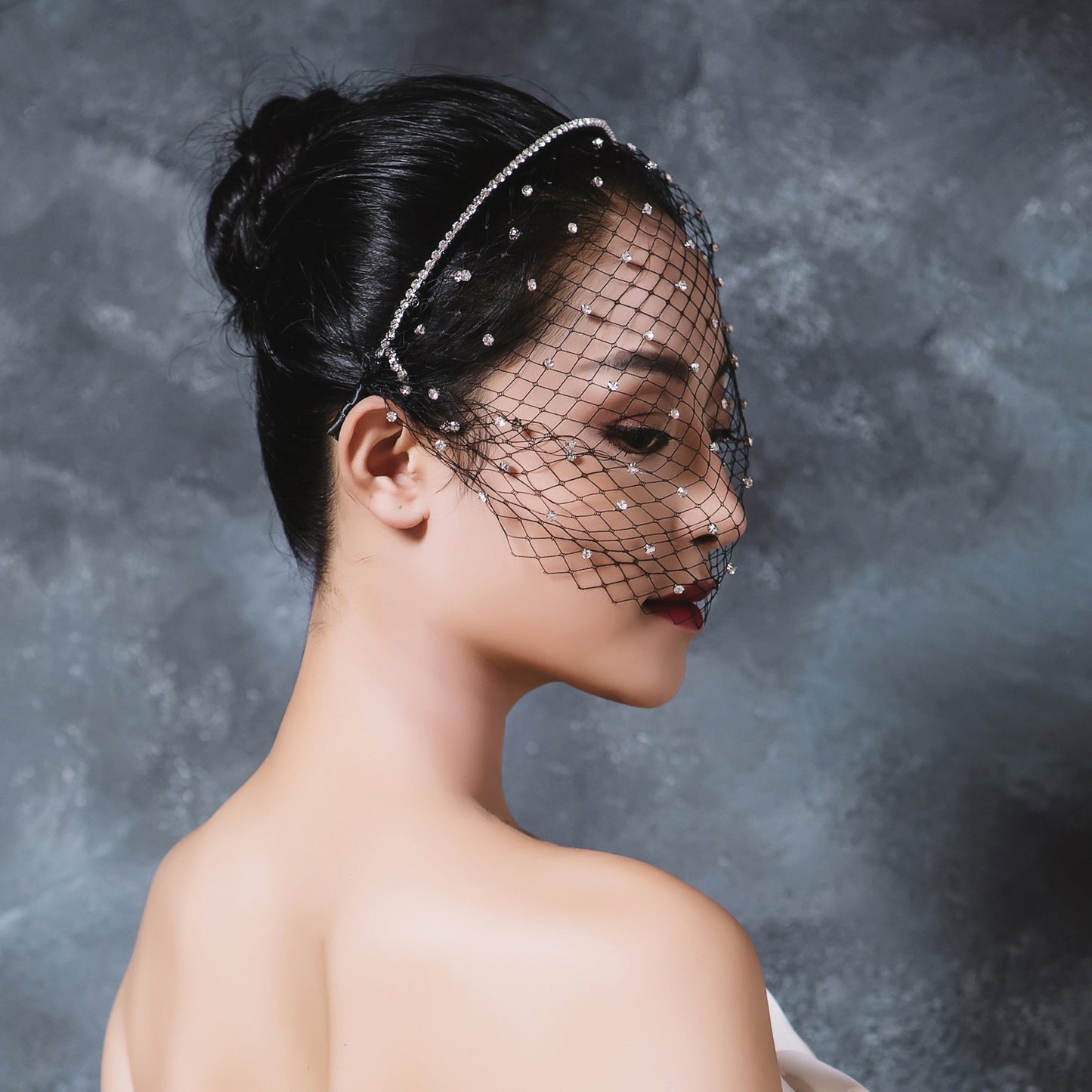 VA09-B black rhinestone mesh birdcage veil