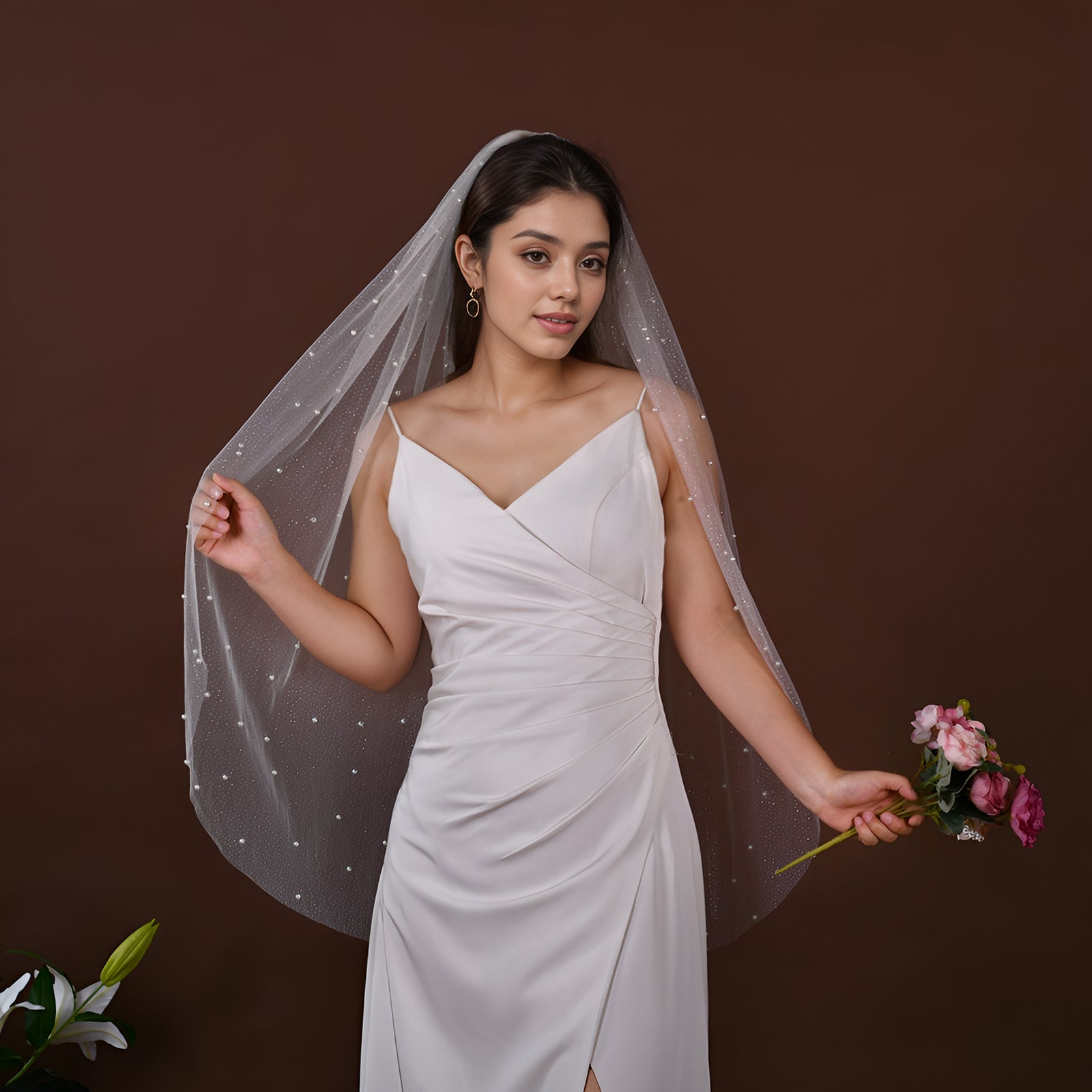 V91A-IY1 white pearl mesh veil