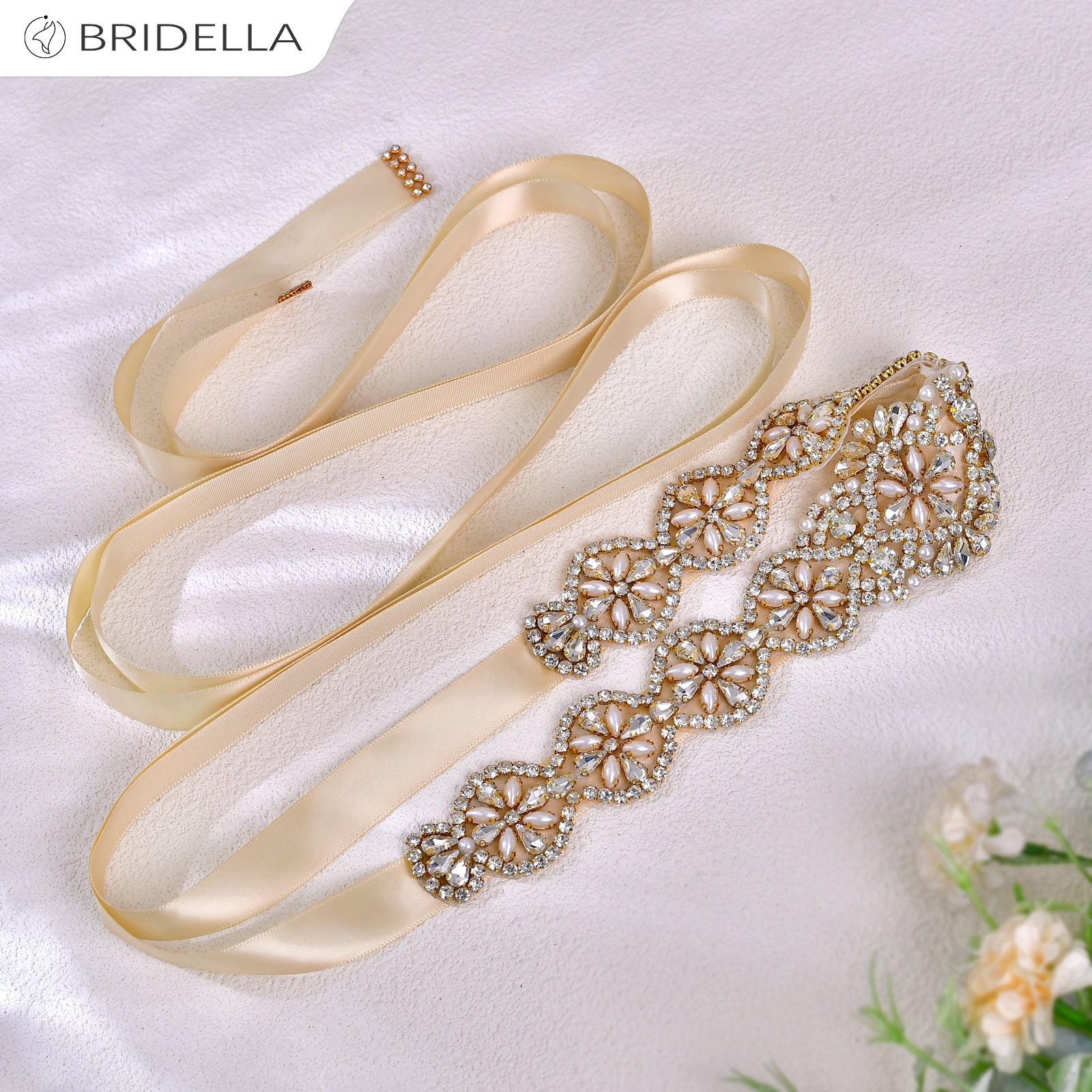 BS161G champagne rhinestone pearl belt