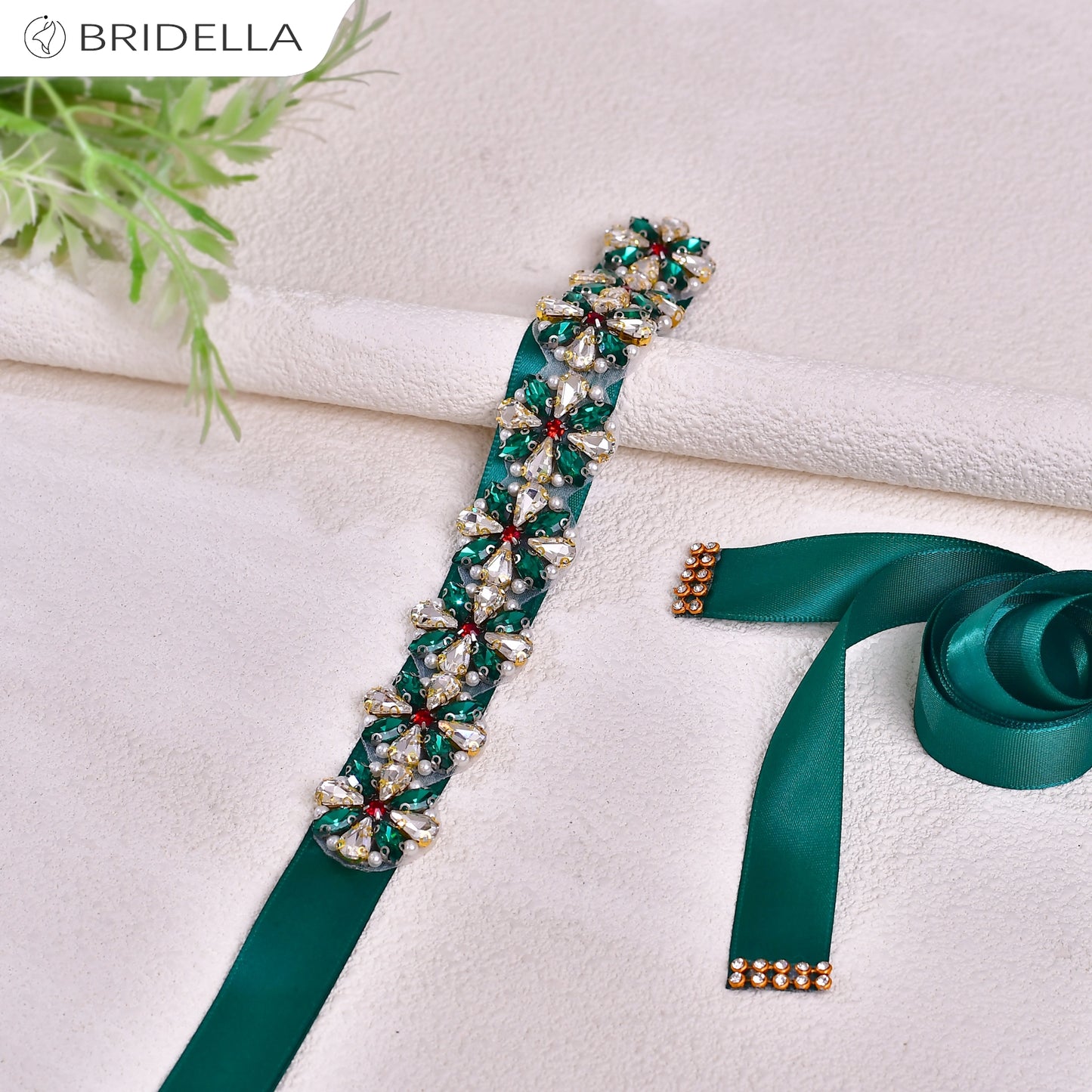 BS205-Green Ribbon red rhinestone pearl belt