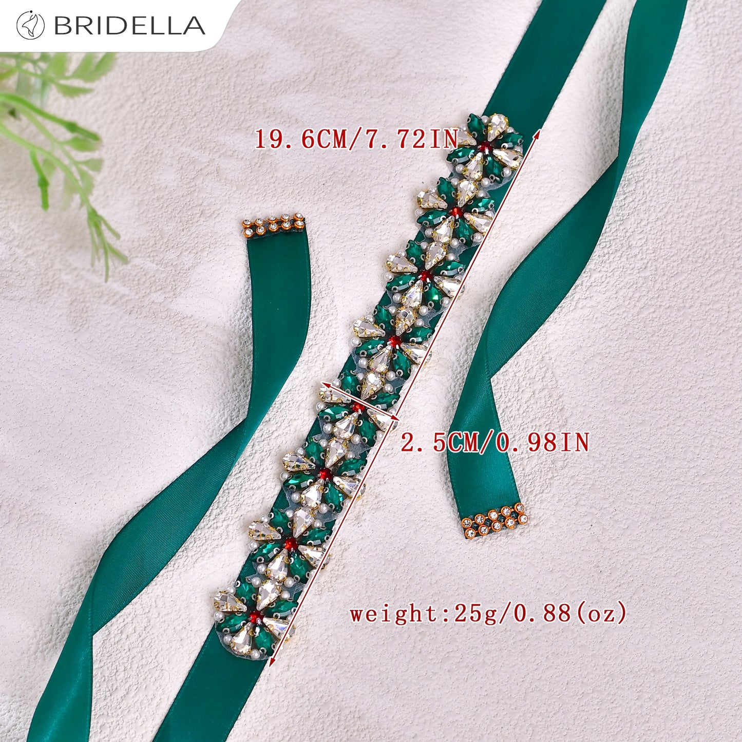 BS205-Green Ribbon red rhinestone pearl belt