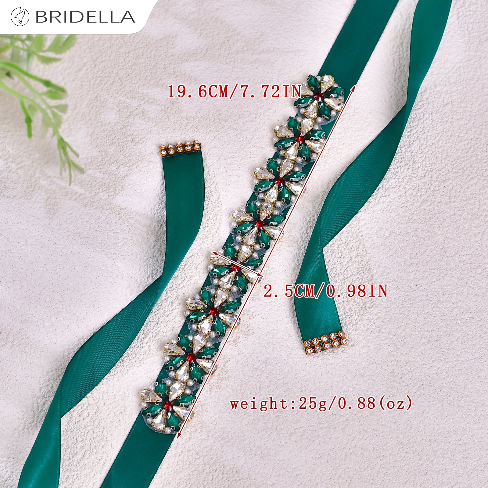 BS205-Green Ribbon red rhinestone pearl belt