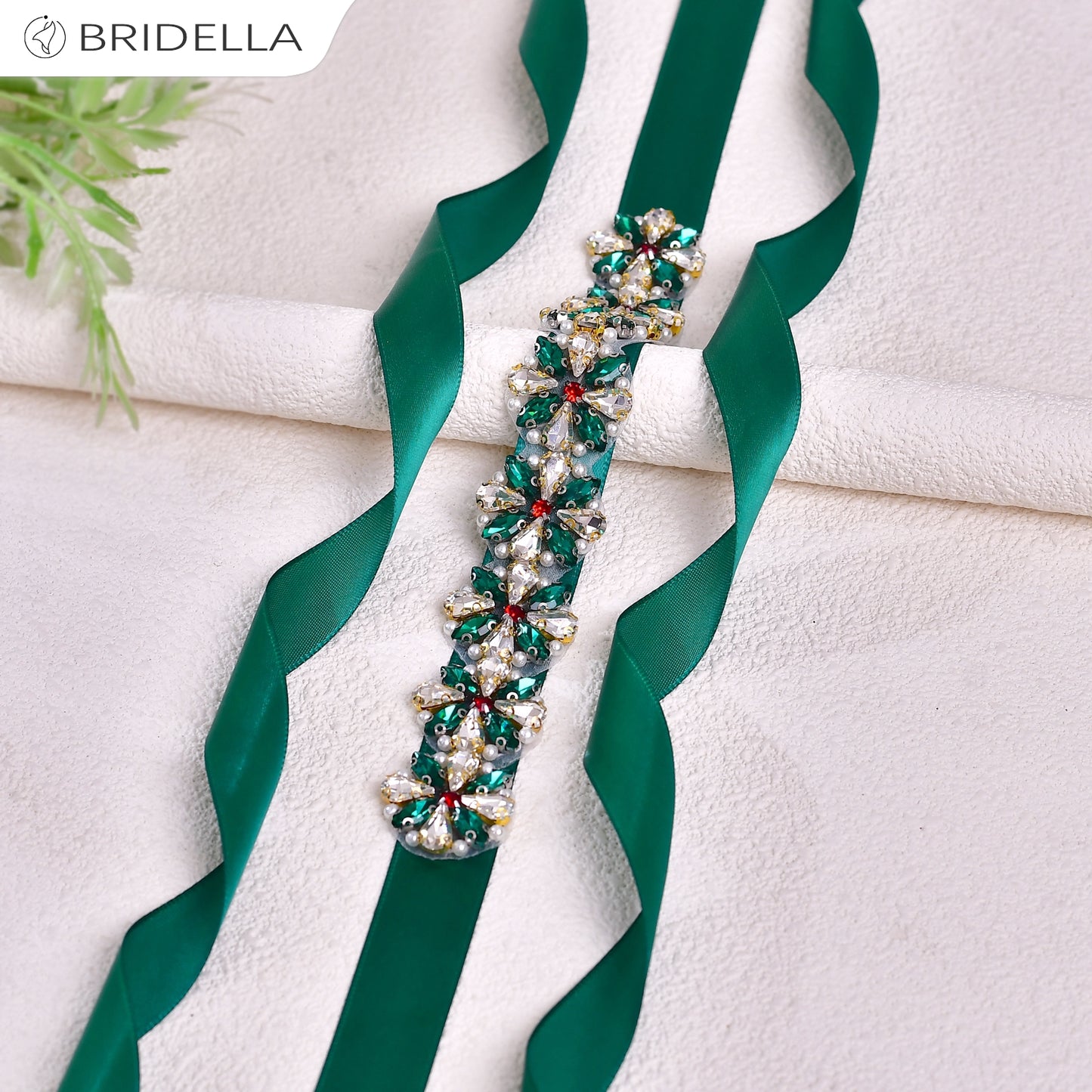 BS205-Green Ribbon red rhinestone pearl belt