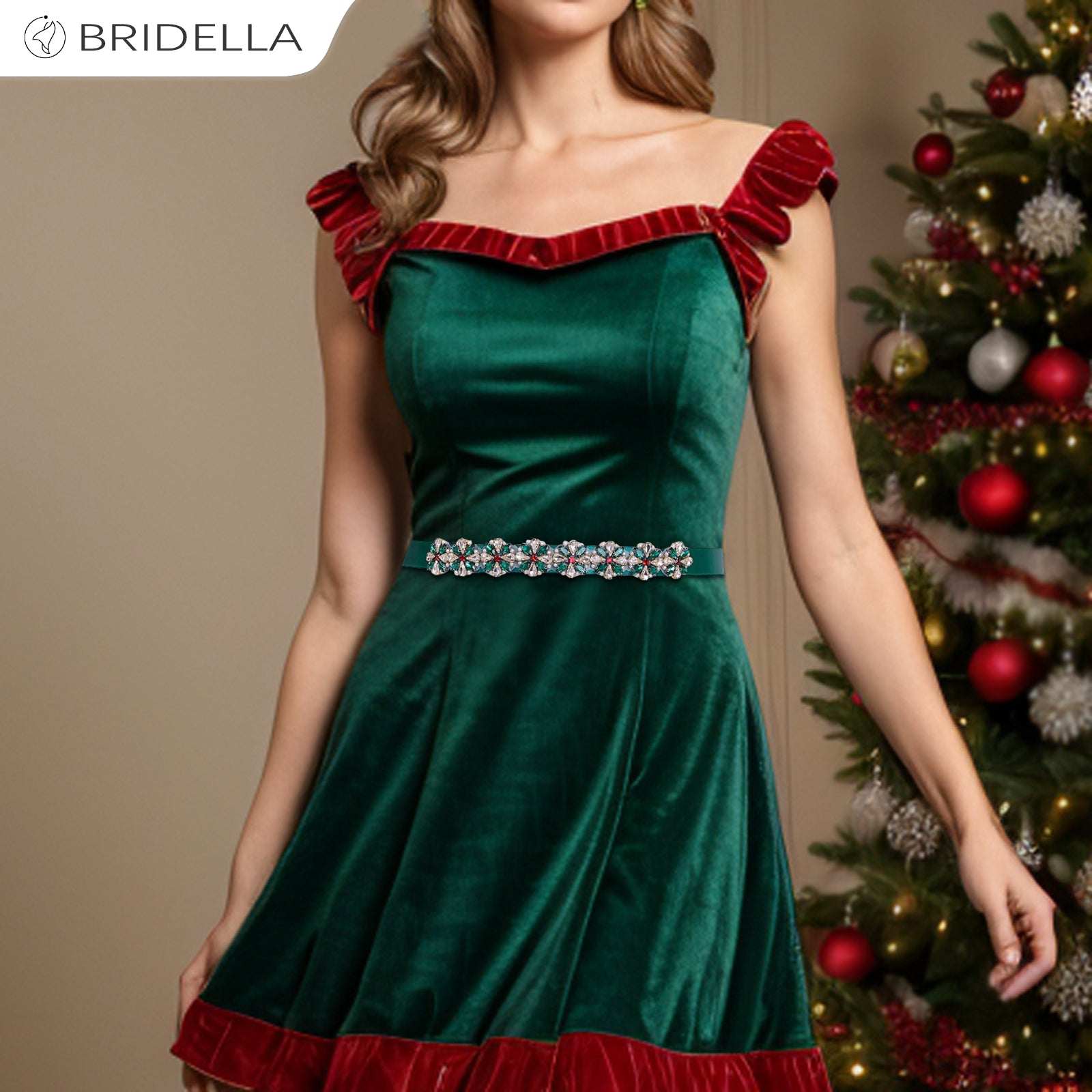 BS205-Green Ribbon red rhinestone pearl belt