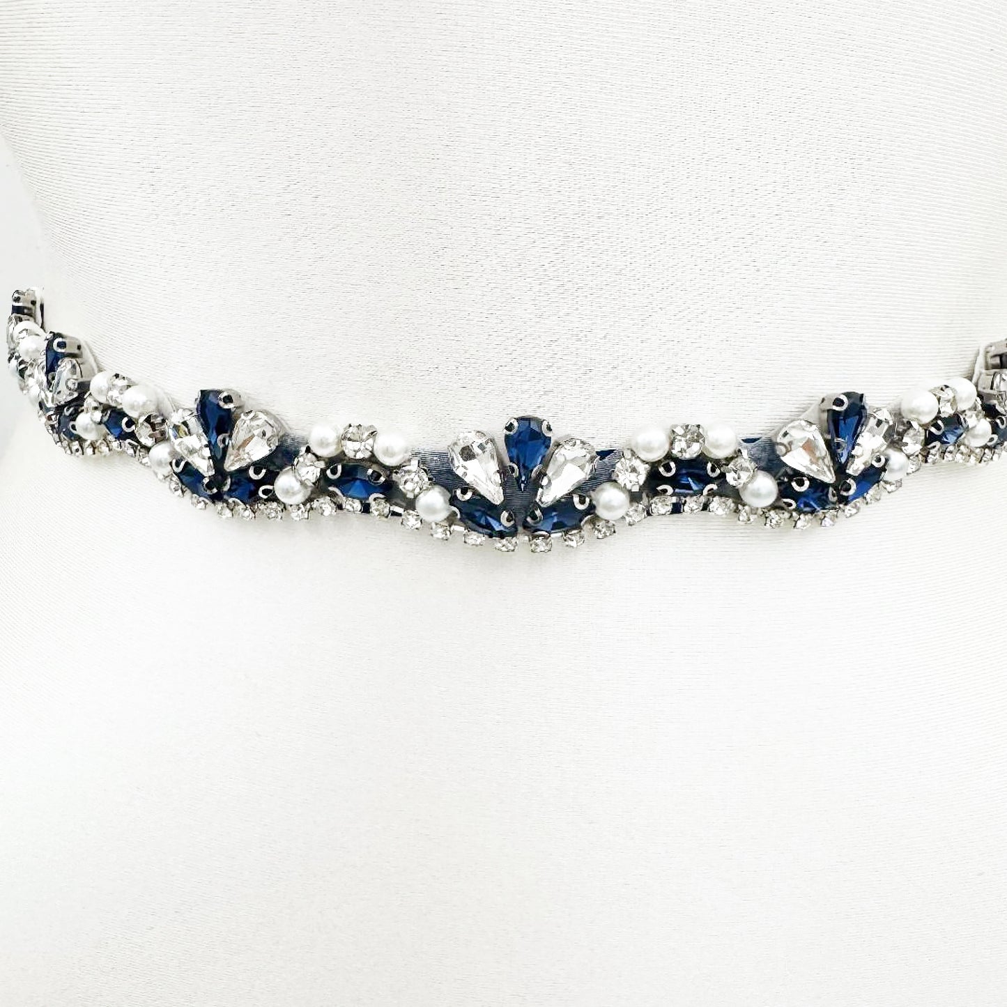 Navy Rhinestone & Pearl Belt - Bridella BS421ML
