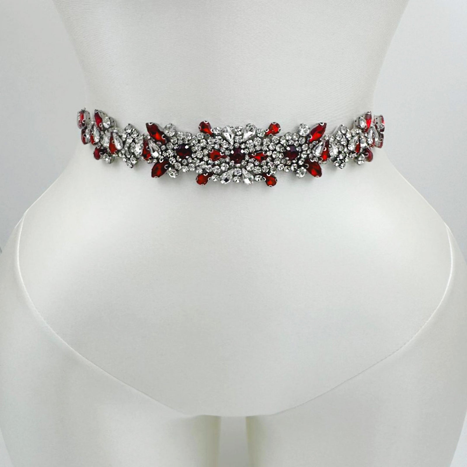 BS51R-Red Ribbon burgundy rhinestone belt