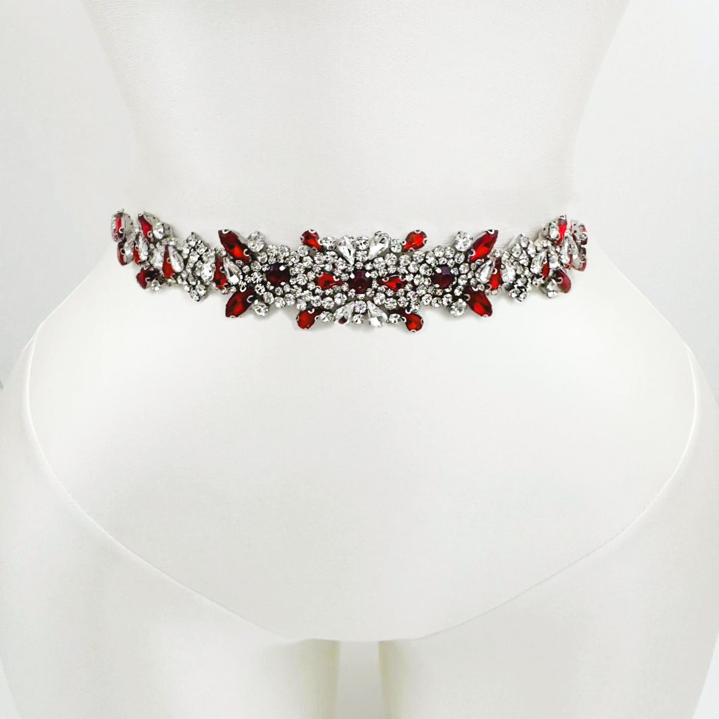 Ribbon Burgundy Rhinestone Belt - Bridella BS51R-Red