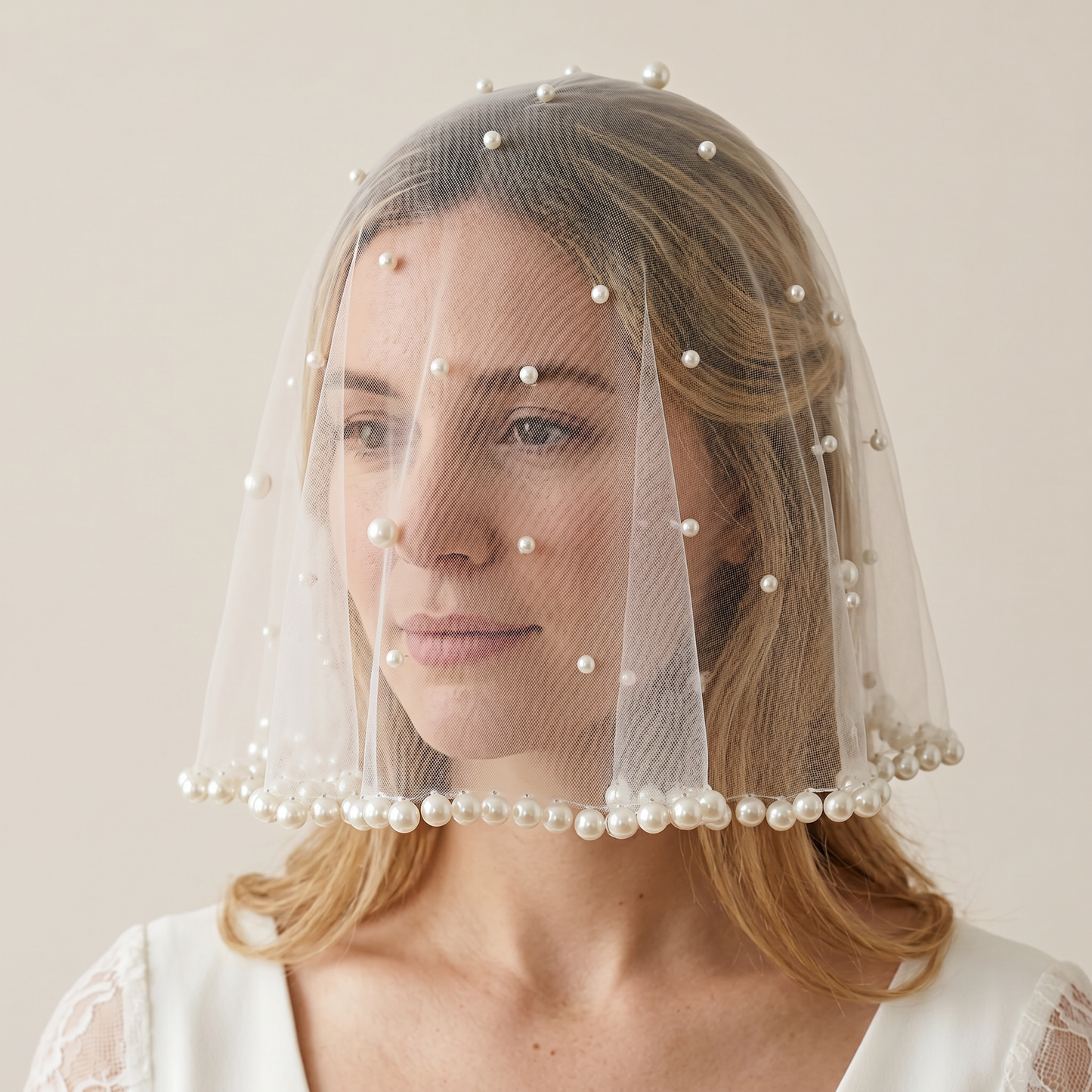 White Pearl Mesh Bridal Hair Comb Veil Short for Wedding - Bridella VA10-I