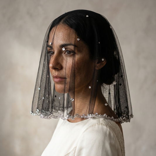 Black Crystal Beaded Bridal Blusher Veil Rhinestone Birdcage Wedding Veil - Bridella BMA10-B