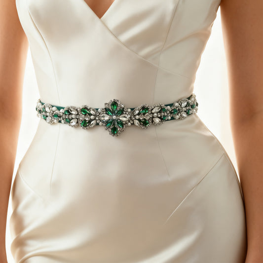 Bridella BS39KL Green Rhinestone & Pearl Belt