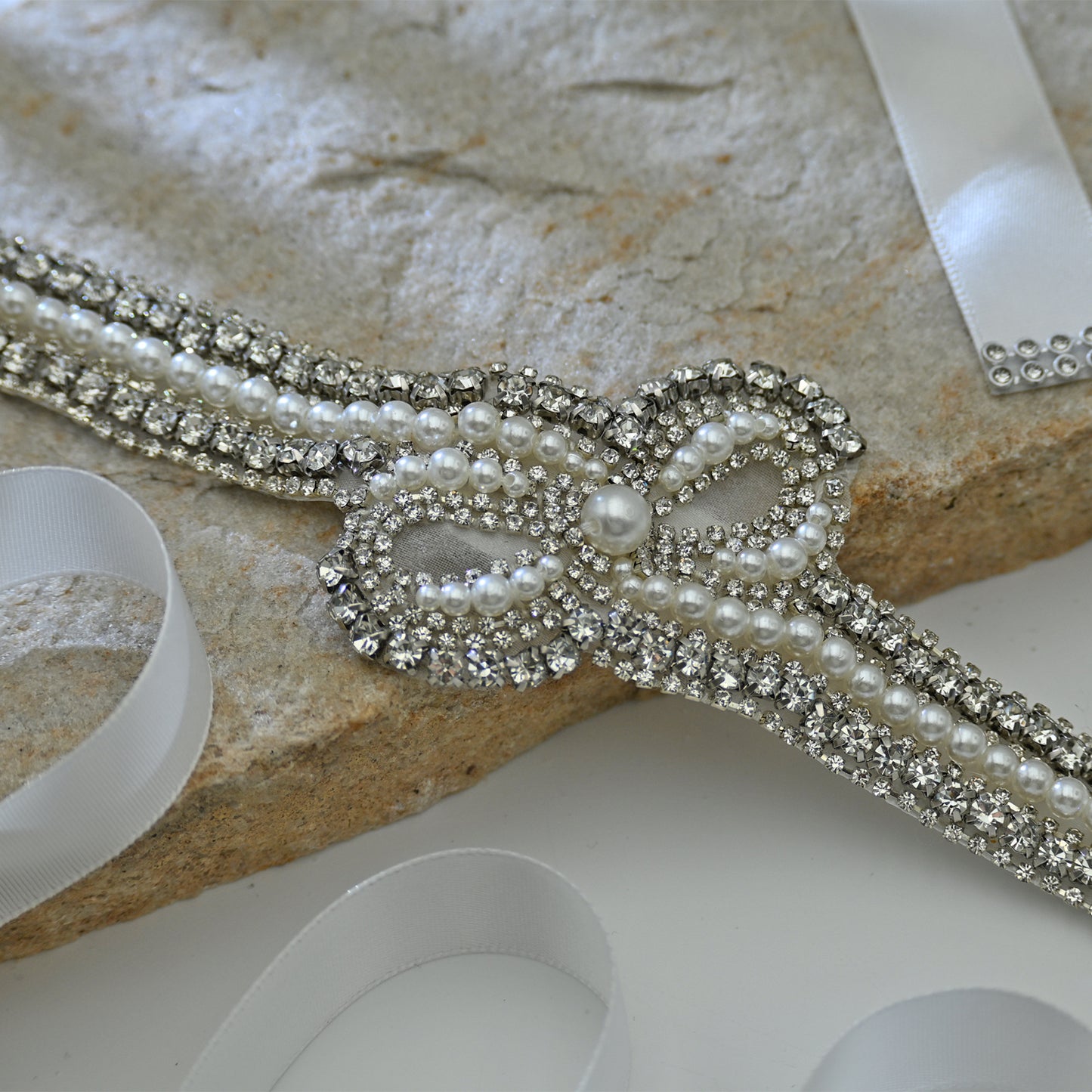 Bridella BS54 White Rhinestone & Pearl Belt