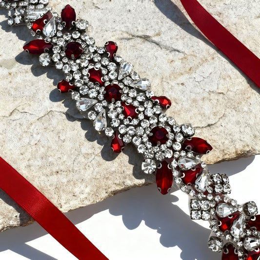 BS51R-Red Ribbon burgundy rhinestone belt