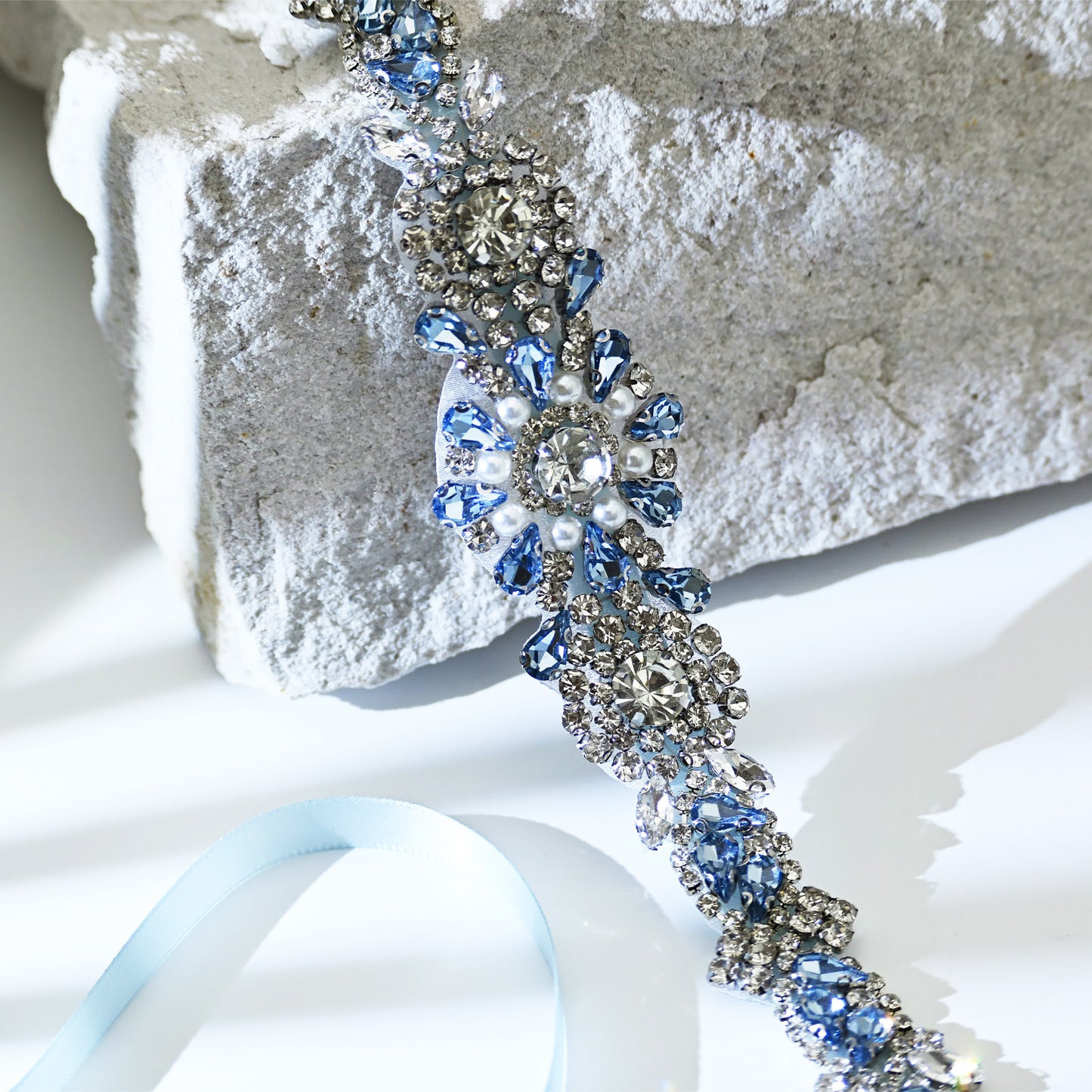 Light Blue Rhinestone & Pearl Belt - Bridella BS351QL