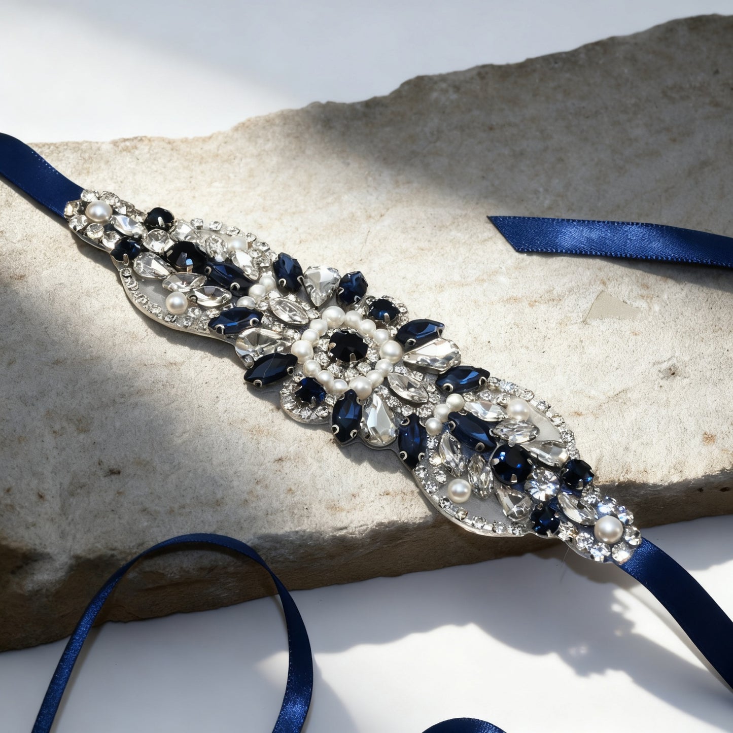 Bridella BS188ML Navy Rhinestone & Pearl Belt