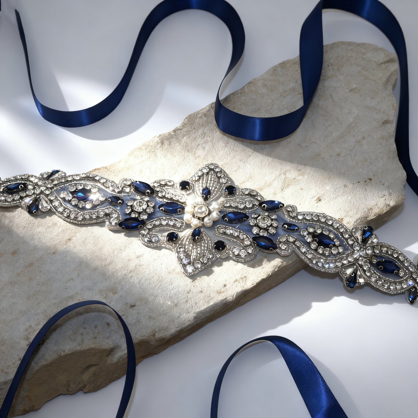 Bridella BS245ML Navy Rhinestone & Pearl Belt