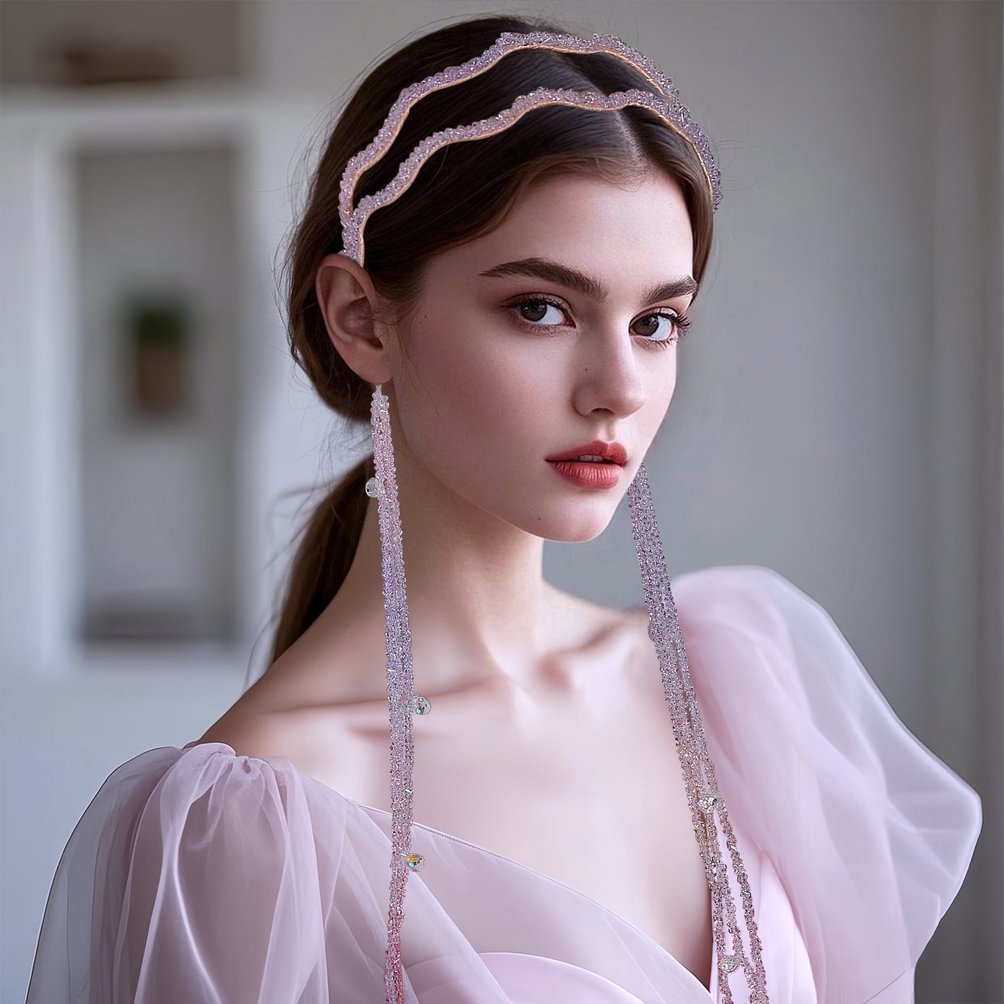 Pink Rhinestone Tassel Bridal Headband Wedding Hair Accessories - Bridella BYXA176
