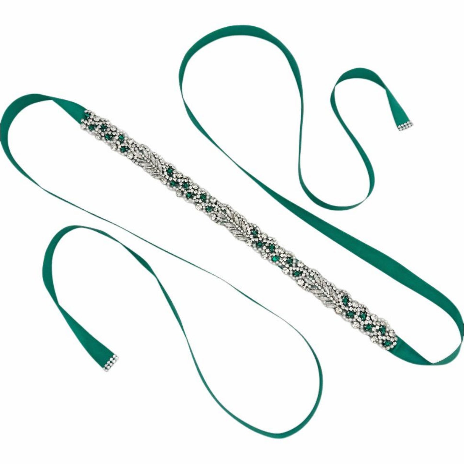BS100KL-Green Ribbon emerald rhinestone pearl belt