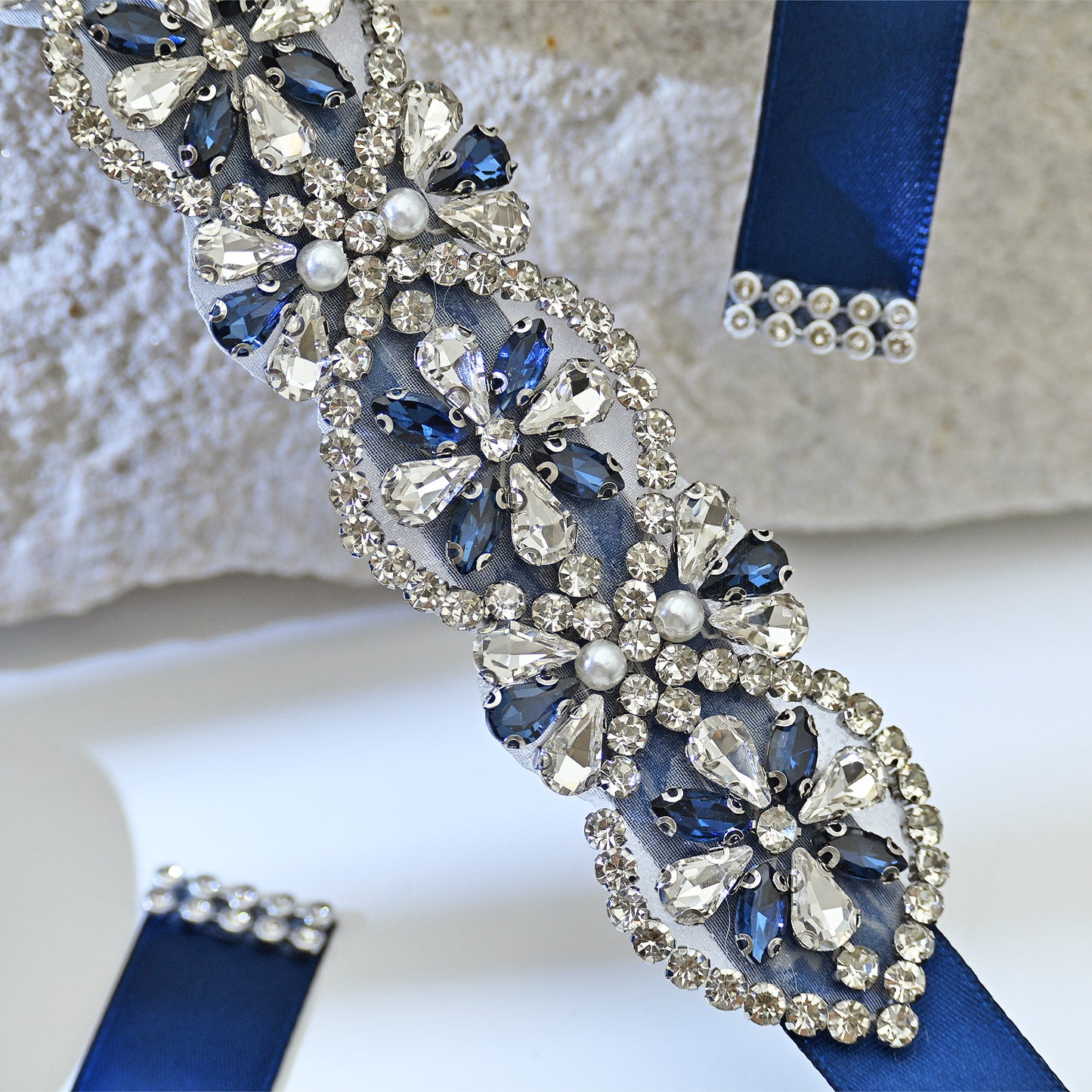 Navy Rhinestone Pearl Bridal Belt Wedding Sash – Bridella BS161ML
