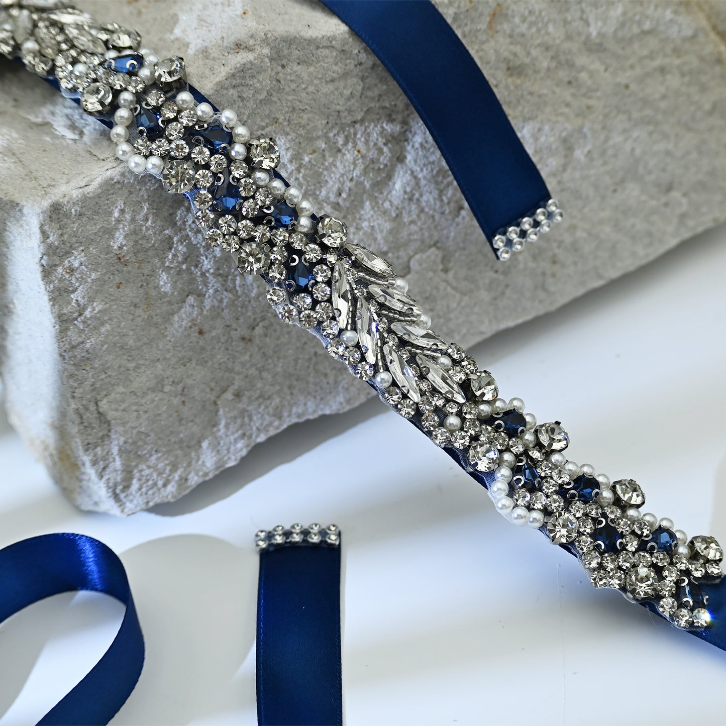 Navy Rhinestone Pearl Bridal Belt Wedding Sash - Bridella BS100ML