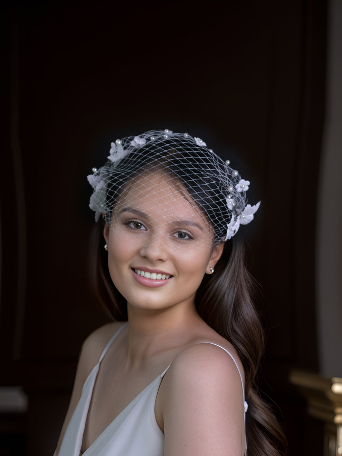 3D Flower Pearl Birdcage Bridal Veil With Comb - Bridella BVA22