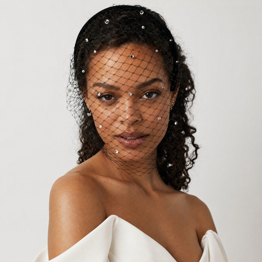 Elastic Birdcage Bridal Veil Headband Blusher Face Veil Wedding Hair Accessory Black White - Bridella BVA12-B