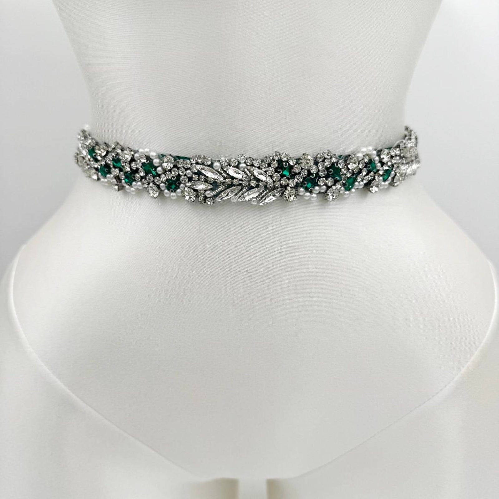 BS100KL-Green Ribbon emerald rhinestone pearl belt