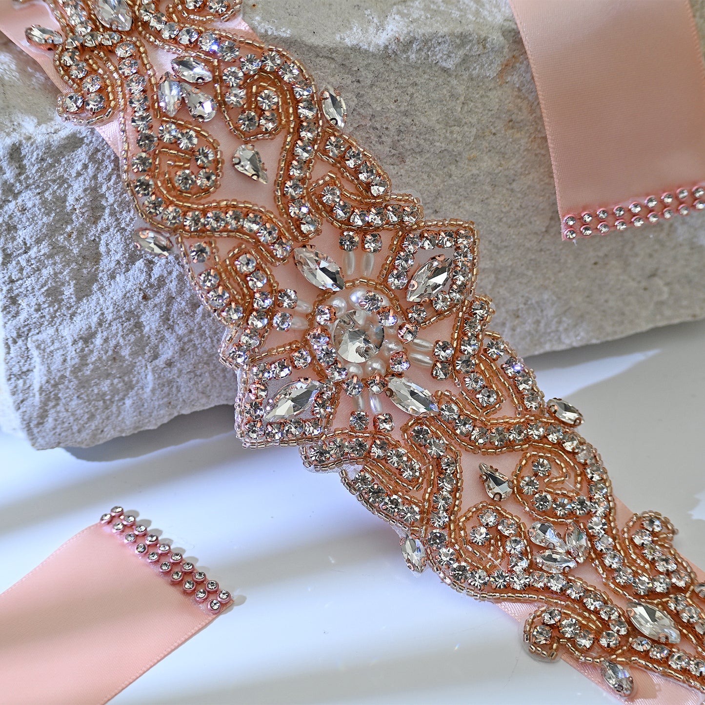 Bridella BS26RG Rose Gold Rhinestone & Pearl Belt