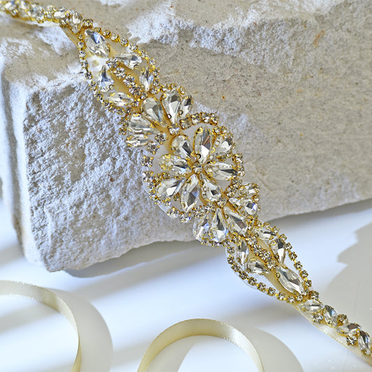 Champagne Rhinestone Bridal Dress Belt for Wedding - Bridella BS489G