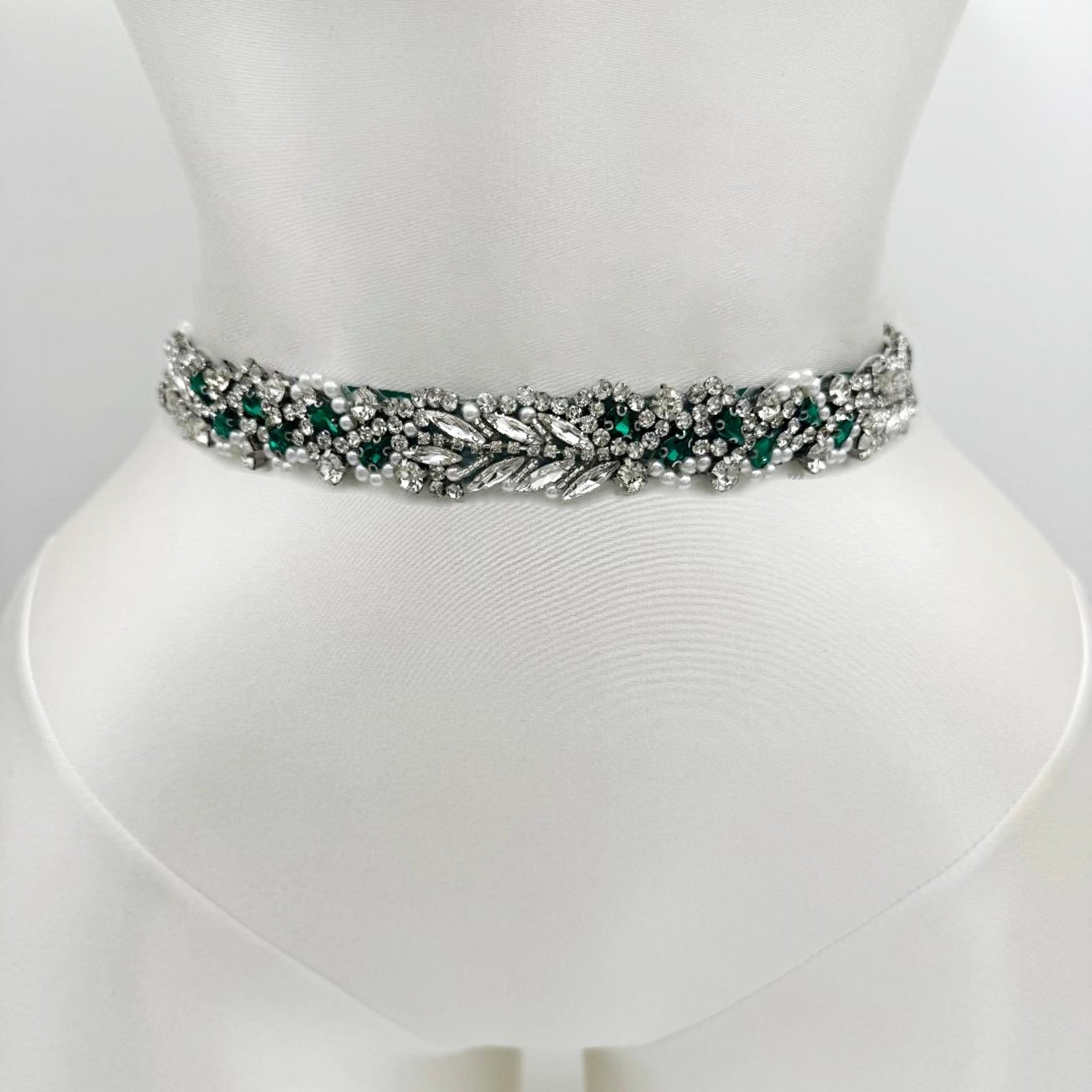 BS100KL-Green Ribbon emerald rhinestone pearl belt
