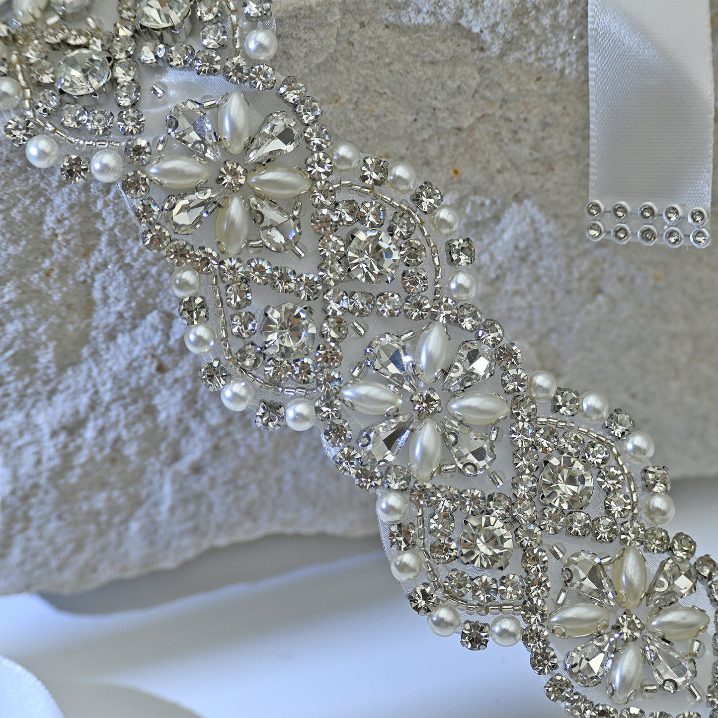 Bridella BS153 White Rhinestone & Pearl Belt