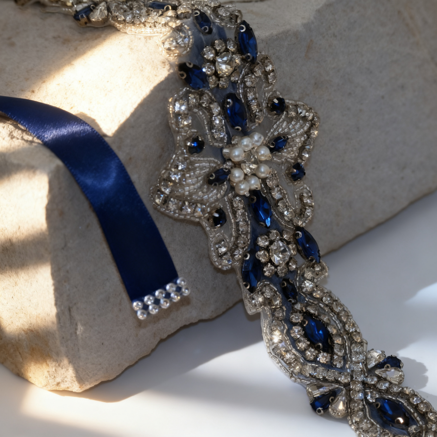 Bridella BS245ML Navy Rhinestone & Pearl Belt