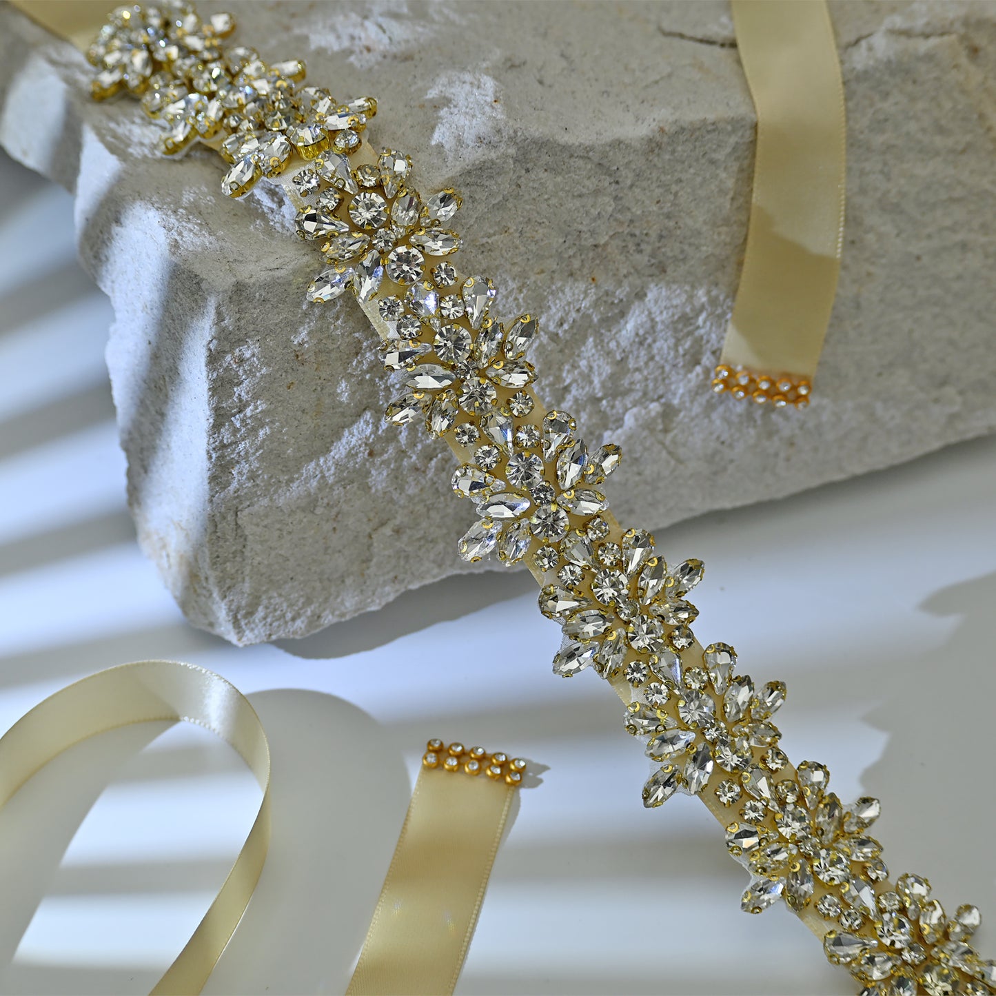Bridella BS269G-D-Champagne Ribbon Gold Rhinestone Belt