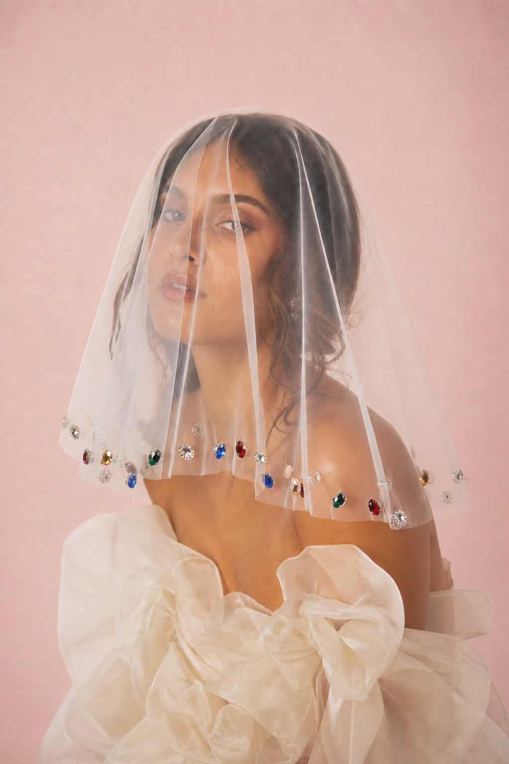 Colorful Rhinestone Bridal Veil Comb Short Blusher Wedding Hair Accessory - Bridella BVA19