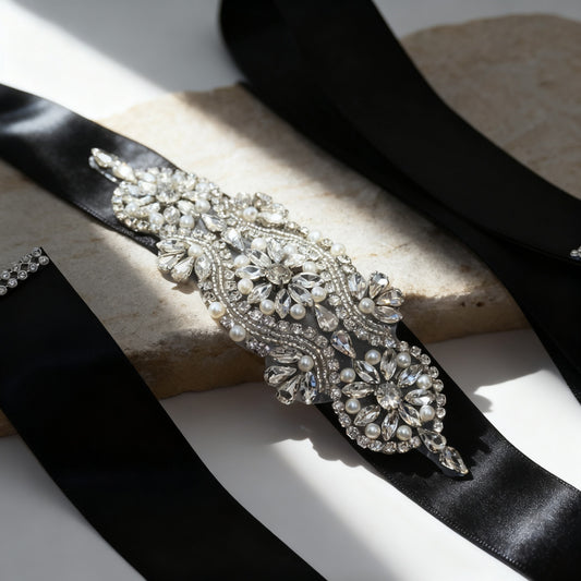 Bridella BS05 Black Rhinestone & Pearl Belt