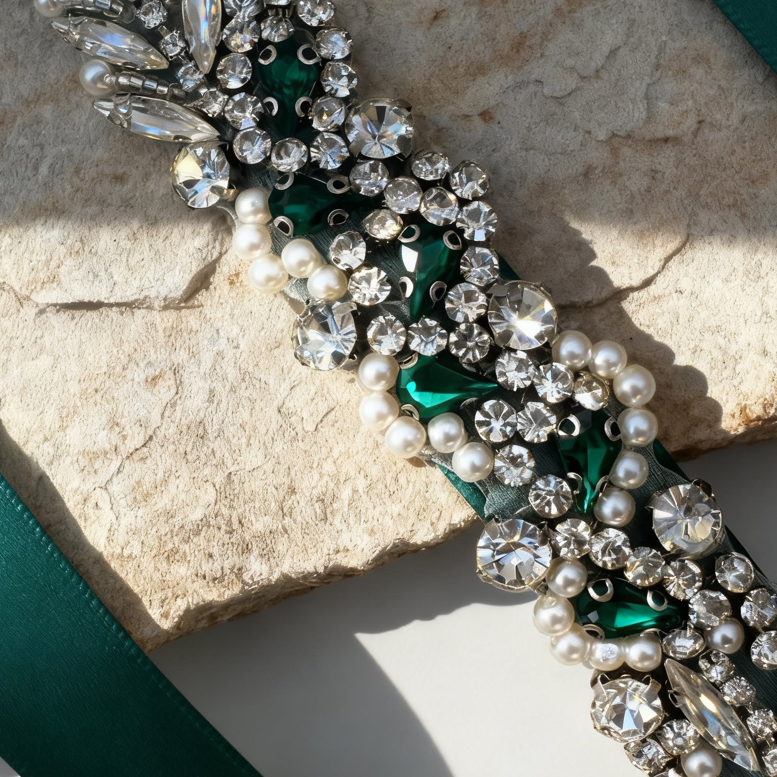 BS100KL-Green Ribbon emerald rhinestone pearl belt