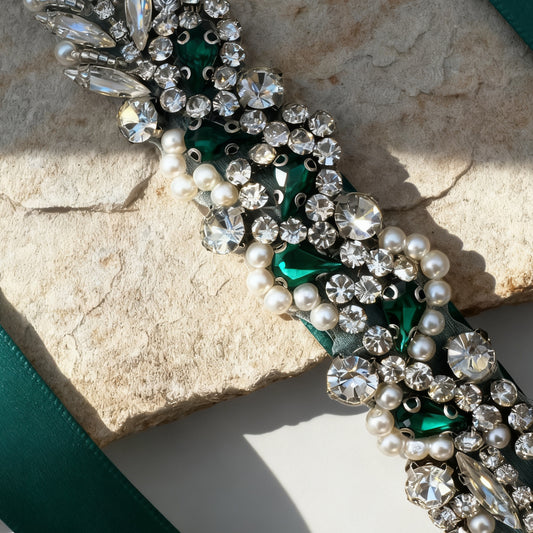 BS100KL-Green Ribbon emerald rhinestone pearl belt
