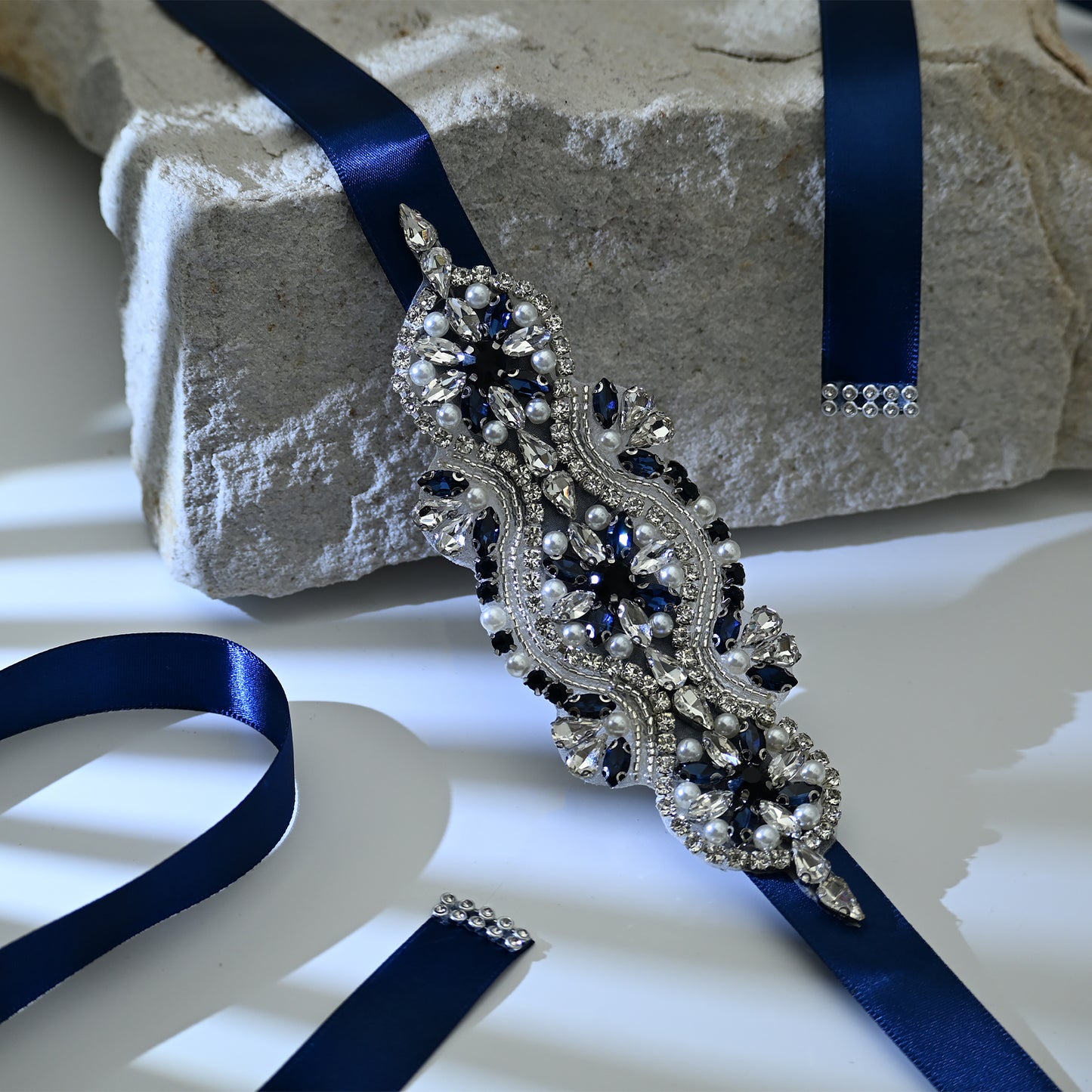 Bridella BS05ML Navy Rhinestone & Pearl Belt