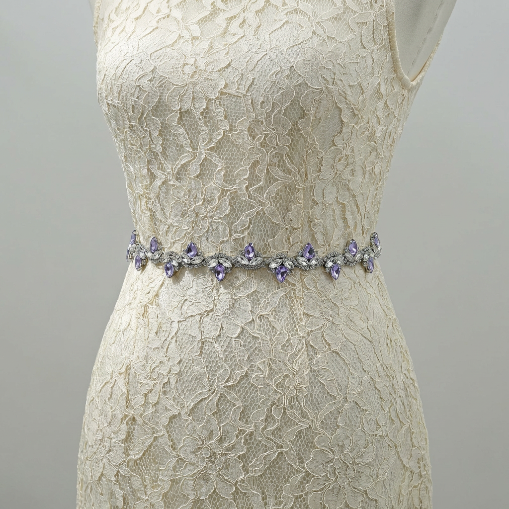 Lavender Rhinestone Bridal Belt with Black Ribbon Waist Sash Bridella BS211-LA