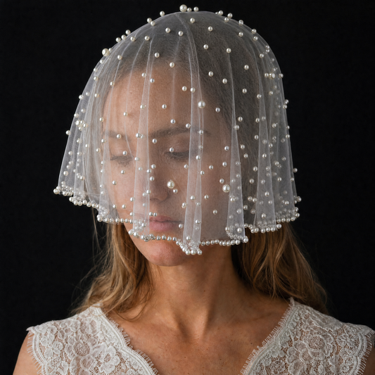 White Pearl Mesh Bridal Face Veil Short for Wedding - Bridella MA09-I