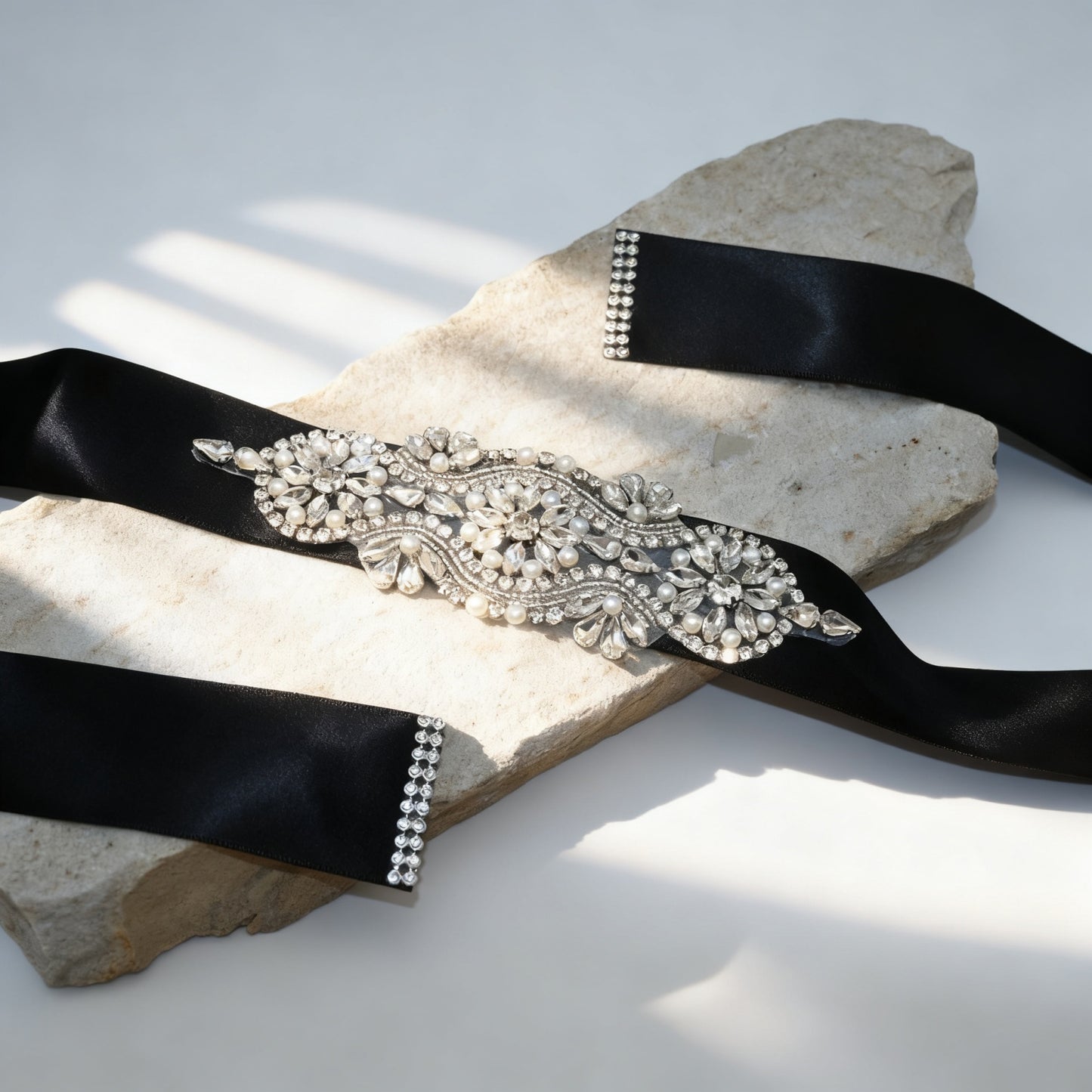 Black Rhinestone Pearl Bridal Belt Wedding Sash – Bridella BS05-B
