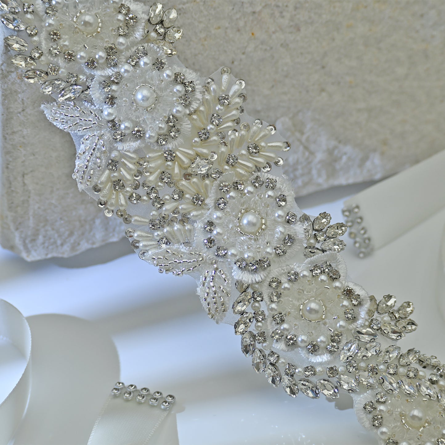 Bridella BS83 Off White Rhinestone & Pearl Belt