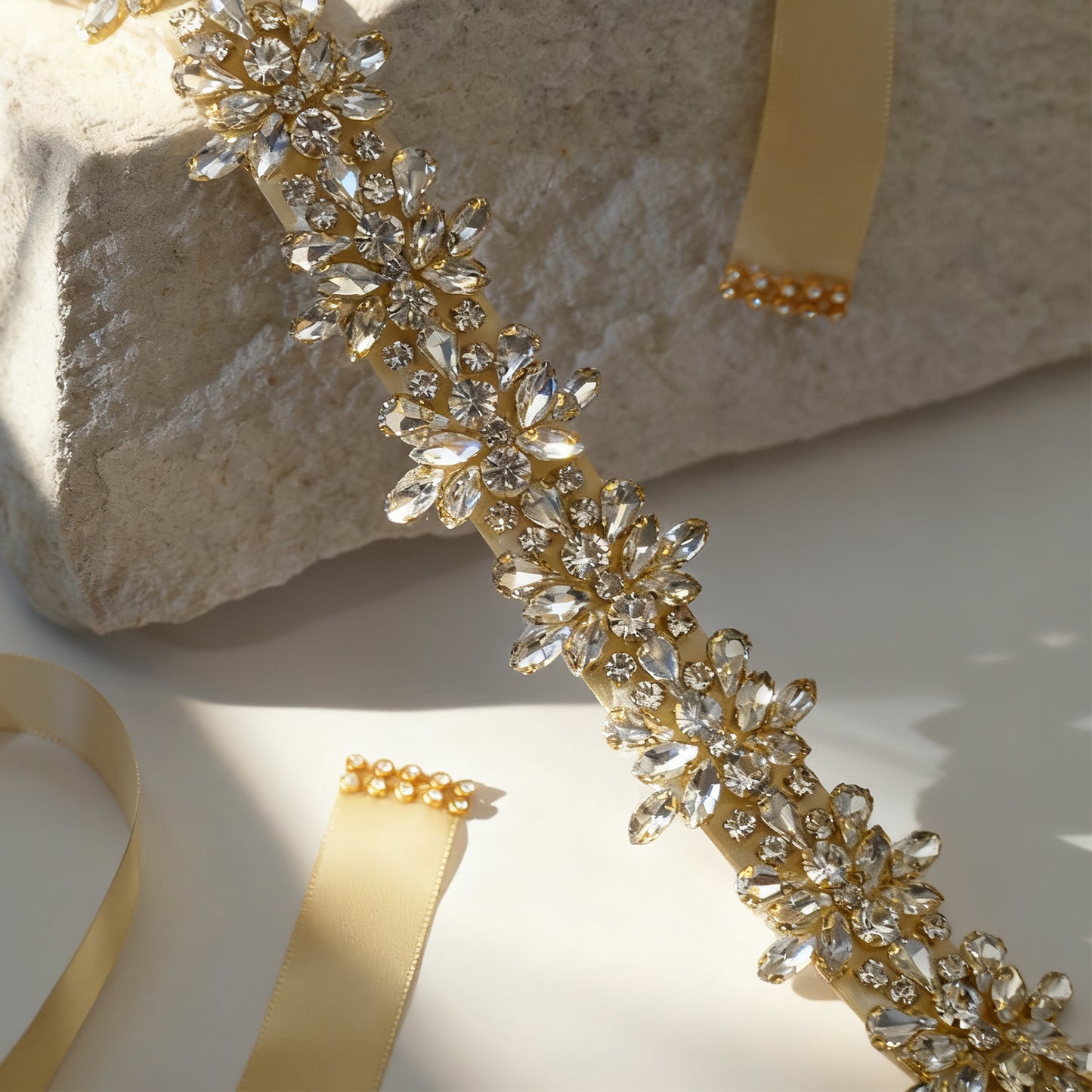 Bridella BS269G-D-Champagne Ribbon Gold Rhinestone Belt