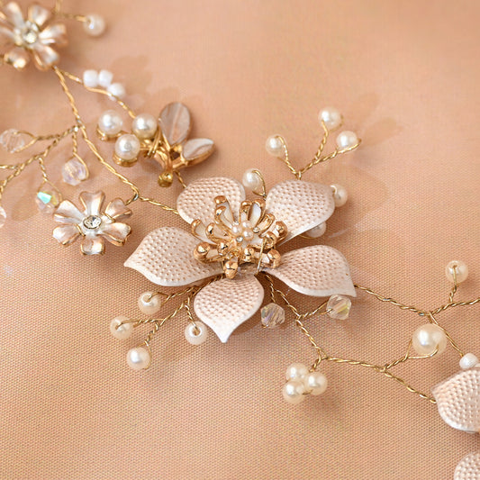 Gold Pearl Floral Alloy Bridal Headband - Bridella BHP357-G
