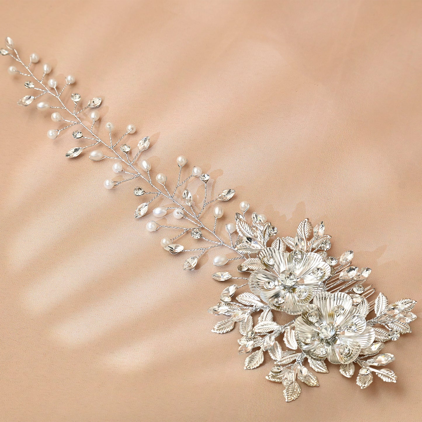 Bridella BHP511-S Silver Rhinestone & Pearl Hair Comb