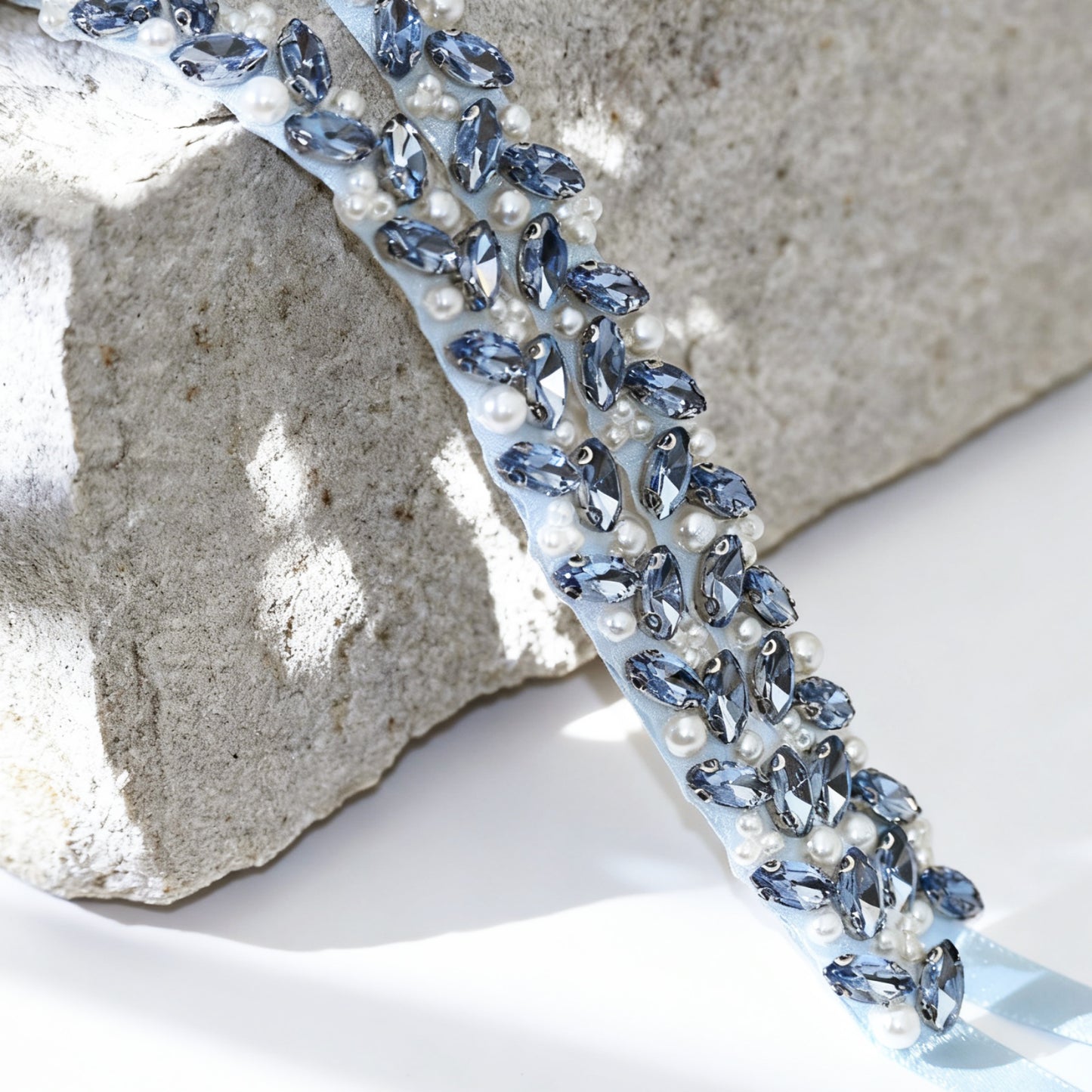Light Blue Rhinestone Pearl Bridal Belt Wedding Sash – Bridella BS383QL