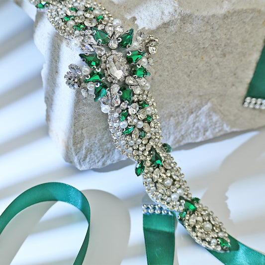 Green Rhinestone & Pearl Bridal Belt Sash for Wedding - Bridella BS84KL