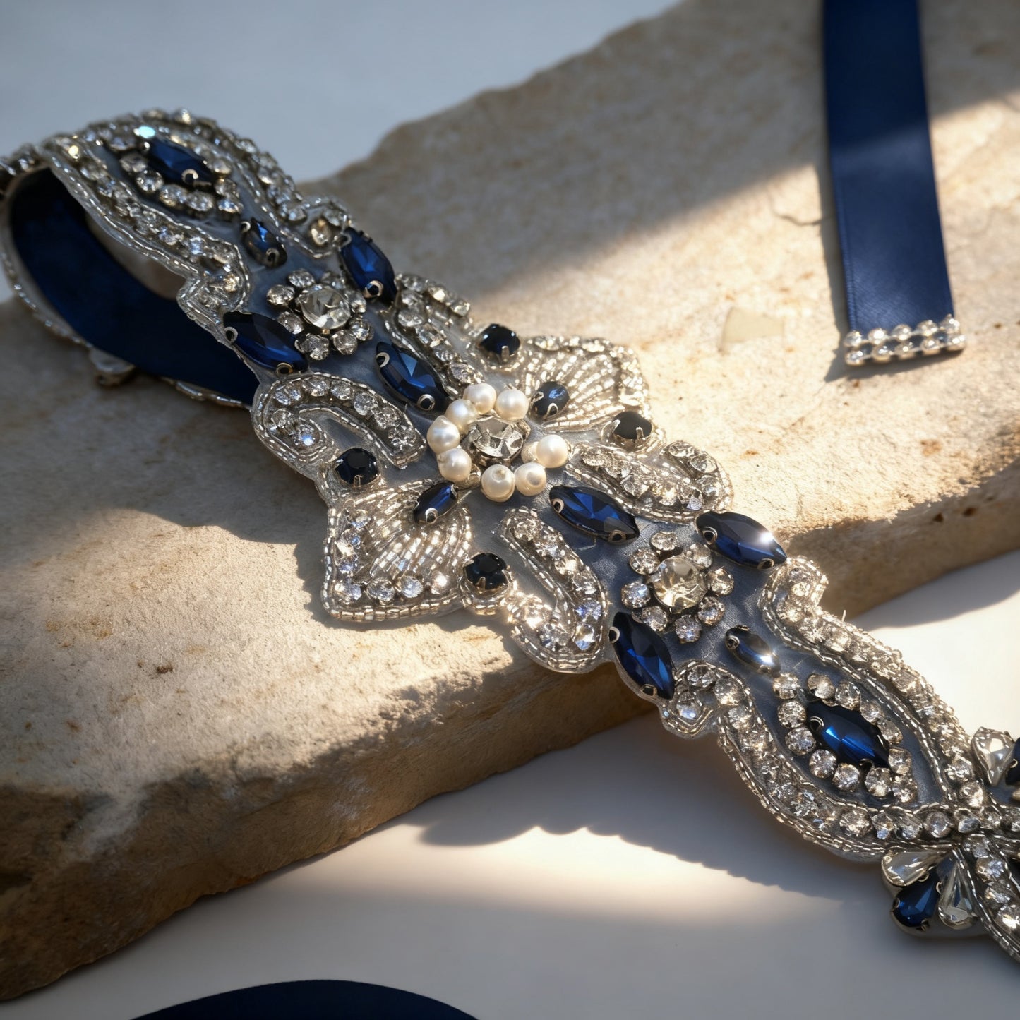 Bridella BS245ML Navy Rhinestone & Pearl Belt