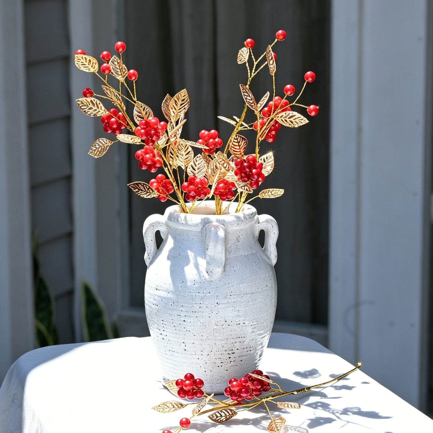 Golden Artificial Berry Stem with Metallic Leaves, Faux Red/Yellow Berry Picks K103