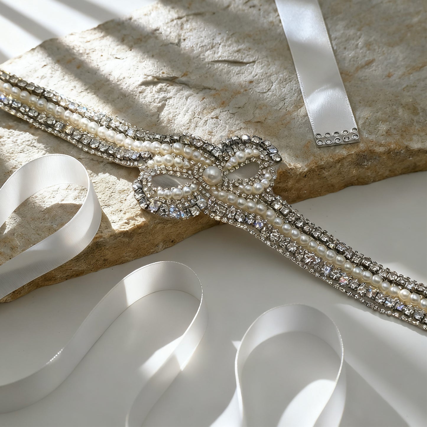 Bridella BS54 White Rhinestone & Pearl Belt