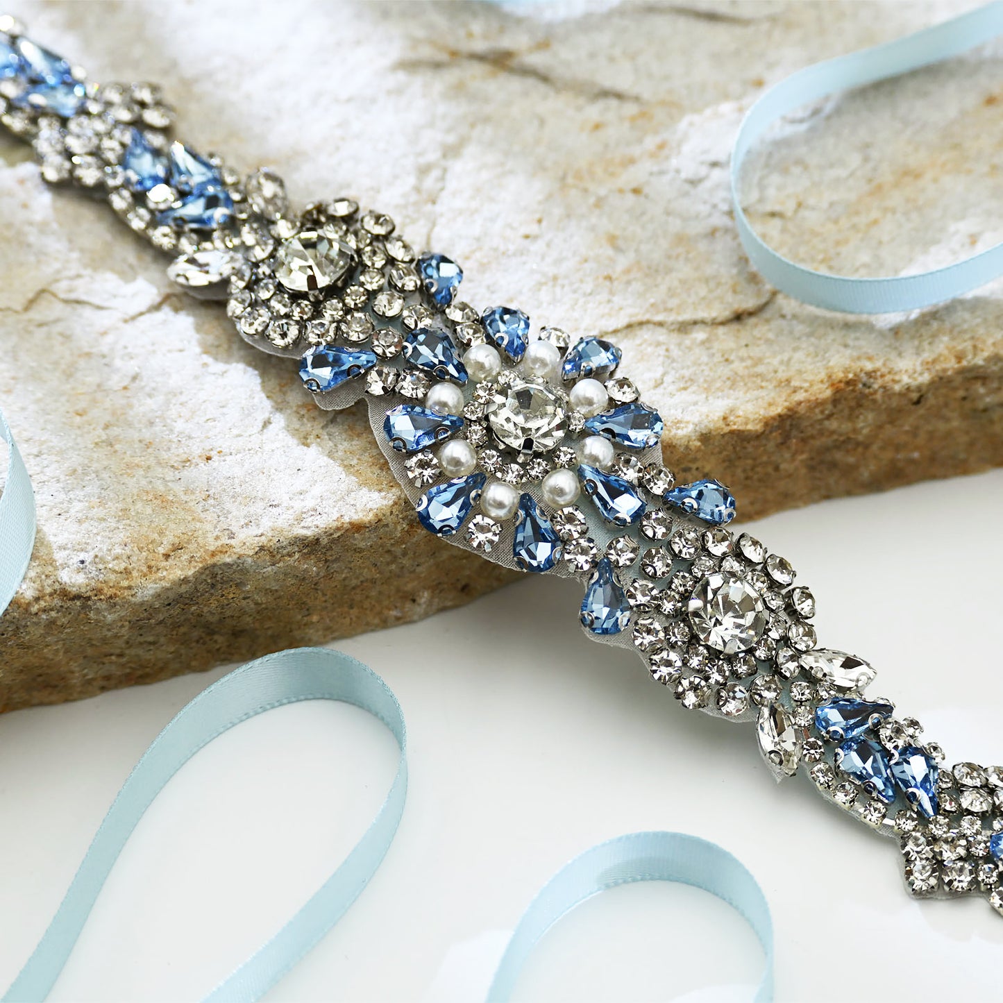 Light Blue Rhinestone & Pearl Belt - Bridella BS351QL